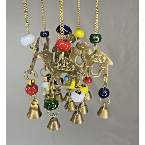 Vintage Dome Hanging Wind Chime Brass Camel Beaded Accents Bohemian Style Decor - Picture 4 of 10